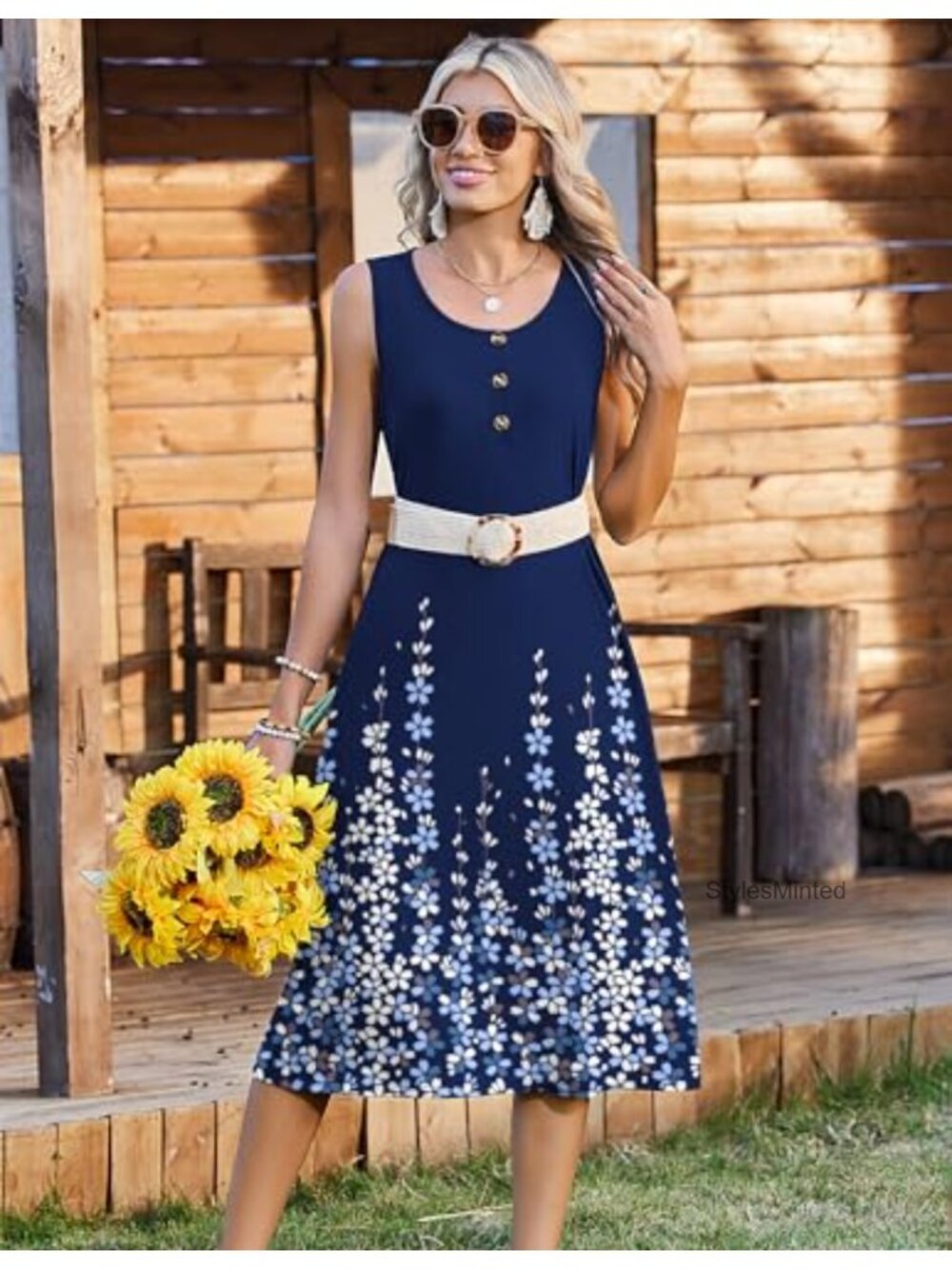 Sleeveless Midi Sundress with Pockets Button Down A-Line Casual Beach Dress - Picture 2 of 6